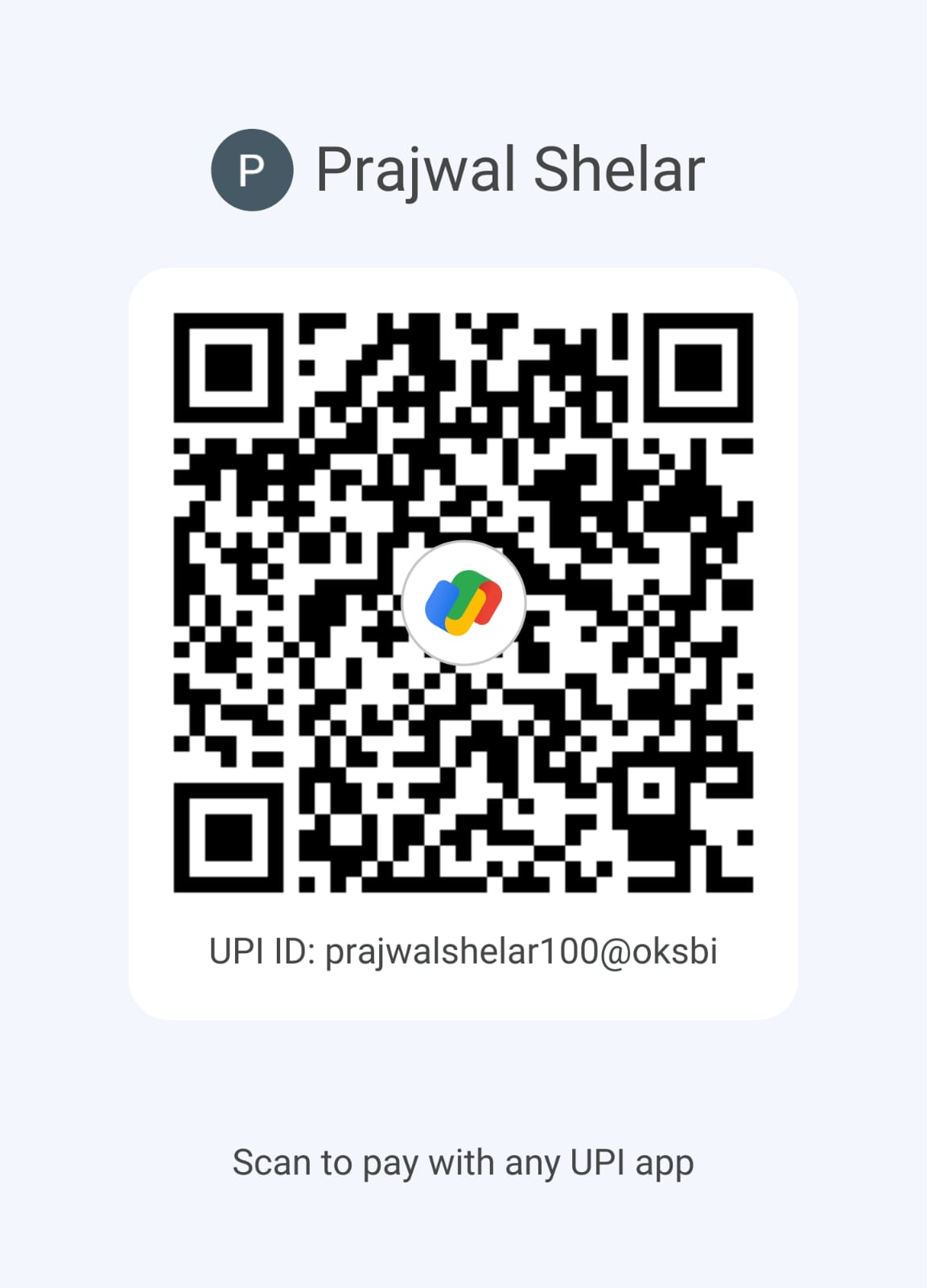 Google Pay QR code for Prajwal Shelar, UPI ID prajwalshelar100@oksbi